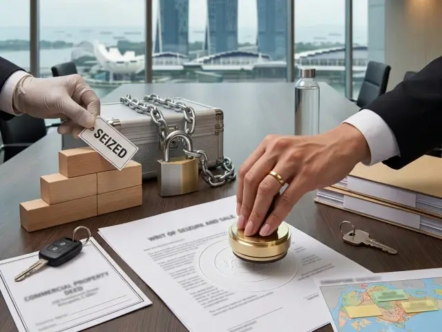 DHA+ pac | Our Expertise - Enforcement | An official stamps a Writ of Seizure and Sale while a gloved hand tags assets, illustrating legal enforcement to recover value from a debtor.