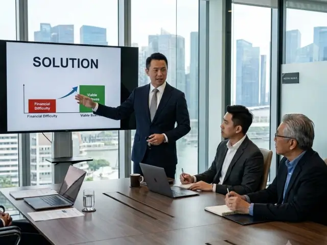 DHA+ pac | Our Expertise - Restructuring | An Asian man in a suit presenting solution to two seated clients in a modern conference room